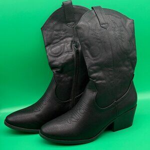 Women's US 7-8.5 Faux Leather Cowboy Boots Black Stylish Cowgirl Knee-High & Mid